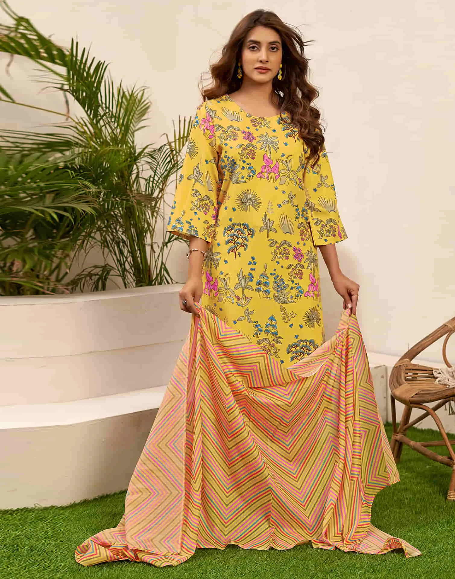 Yellow Printed Rayon Straight Kurta With Pant And Dupatta