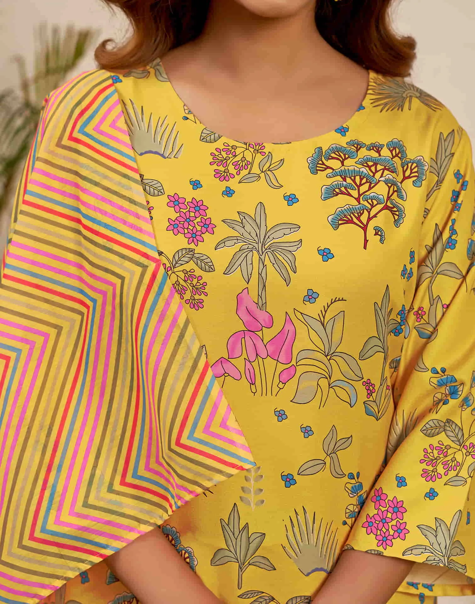 Yellow Printed Rayon Straight Kurta With Pant And Dupatta