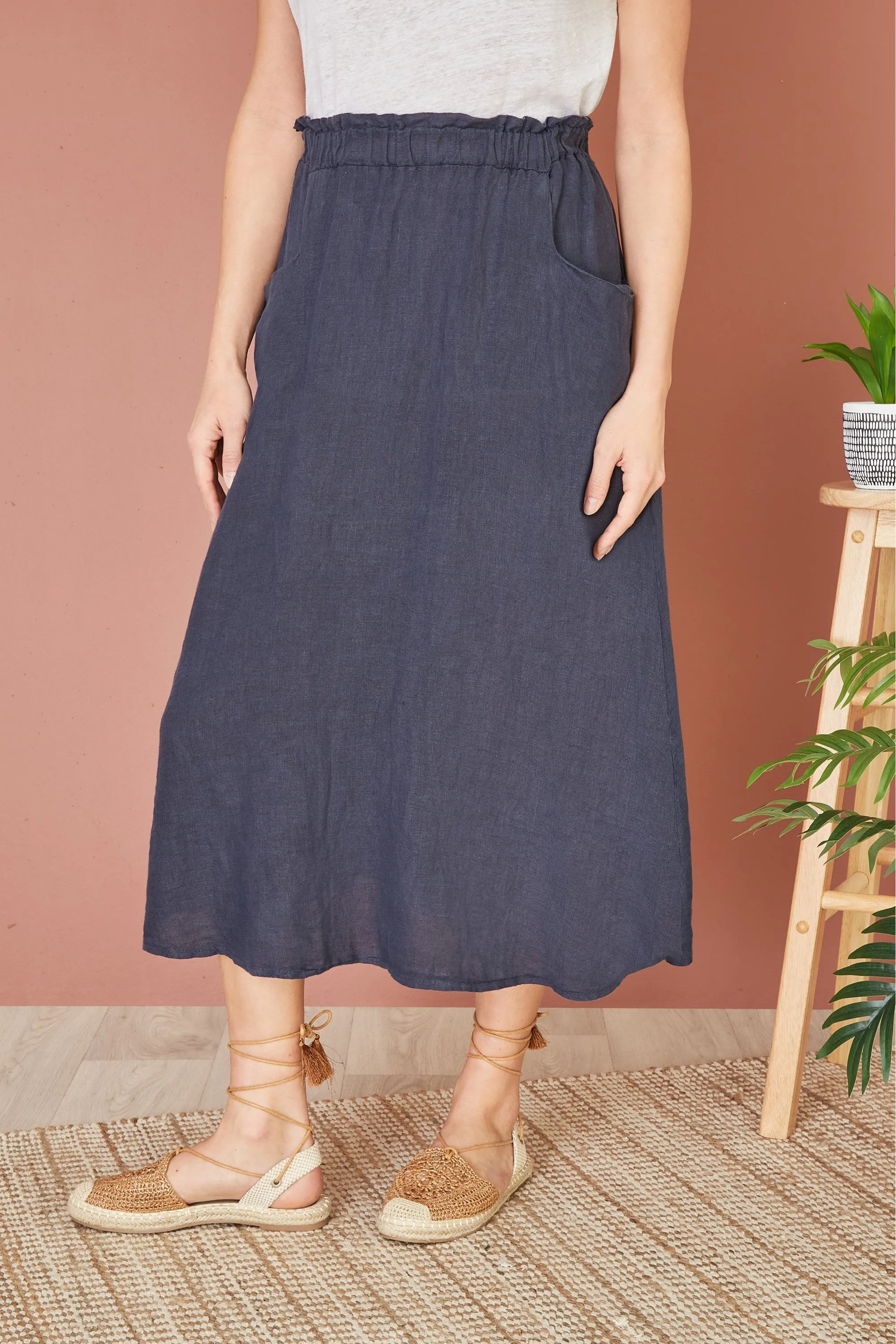 Yumi Navy Italian Linen Midi Skirt With Pockets