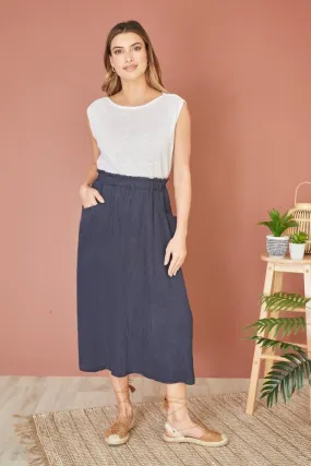 Yumi Navy Italian Linen Midi Skirt With Pockets