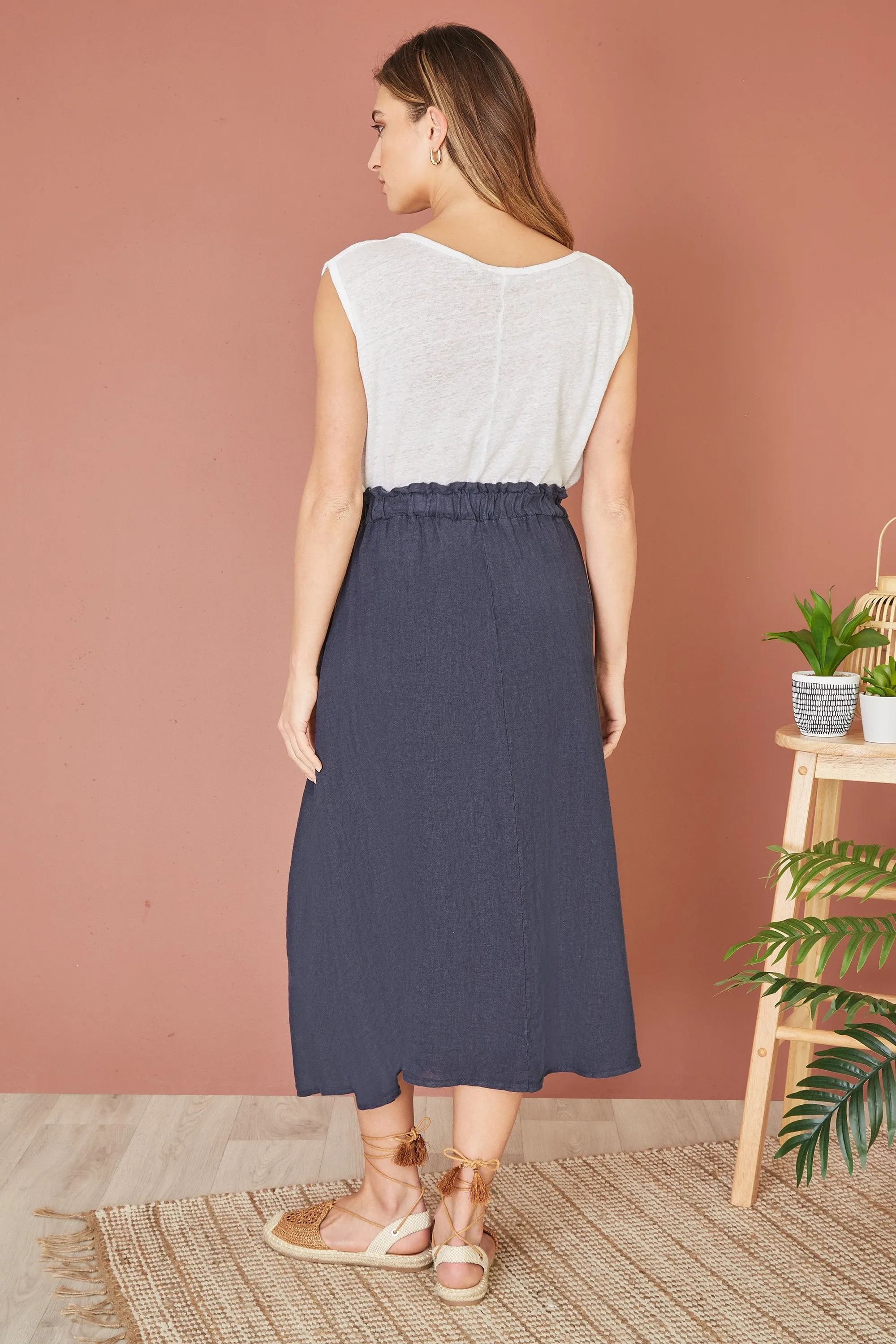 Yumi Navy Italian Linen Midi Skirt With Pockets