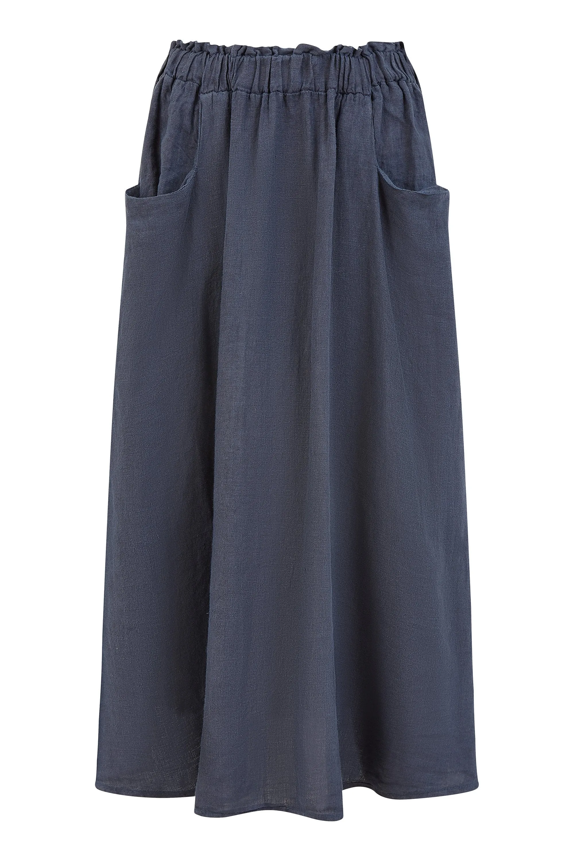 Yumi Navy Italian Linen Midi Skirt With Pockets