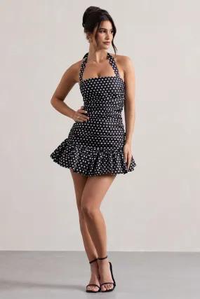 Zahra | Black & White Polka Dot Halter-Neck Ruched Mini Dress With Ruffle Hem